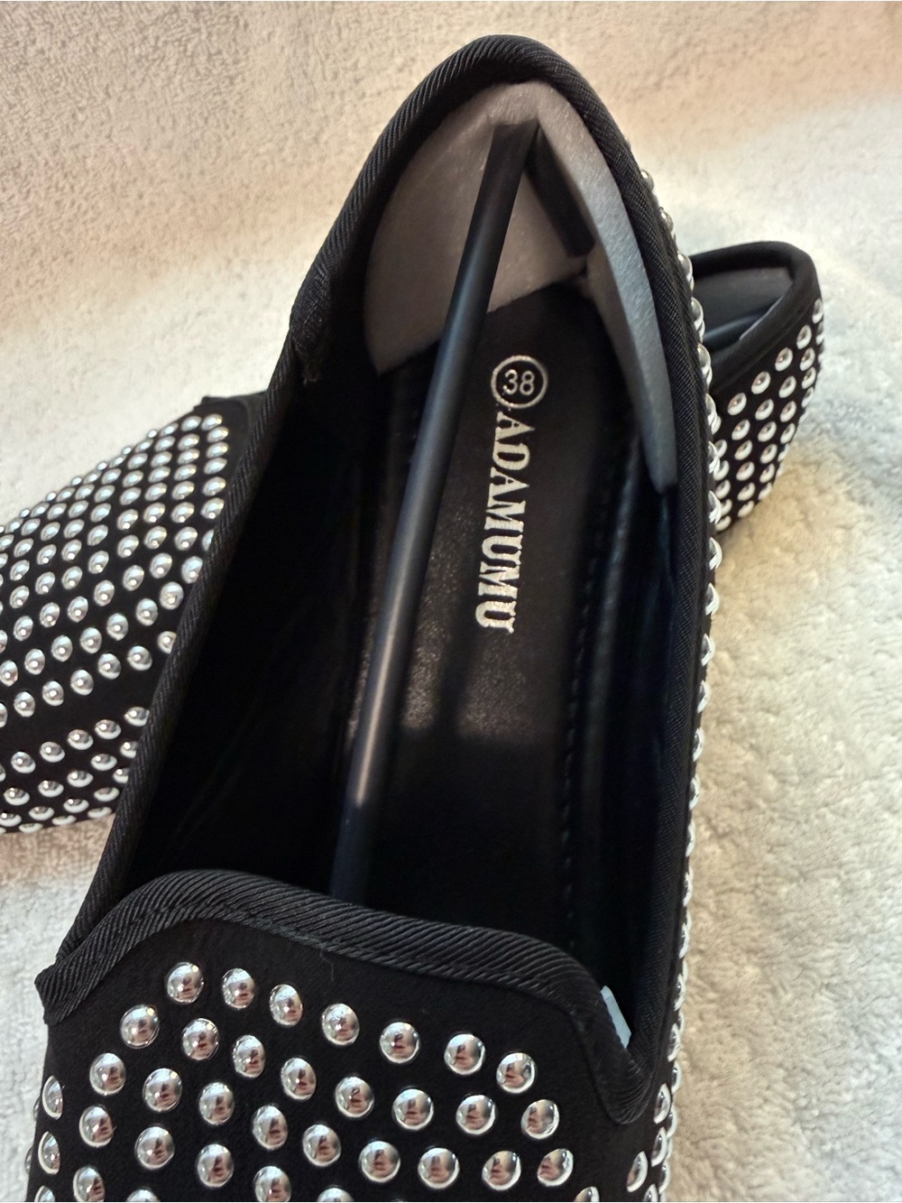 Studded Black Slip-On Flats with Silver Accents - Picture 2 of 7
